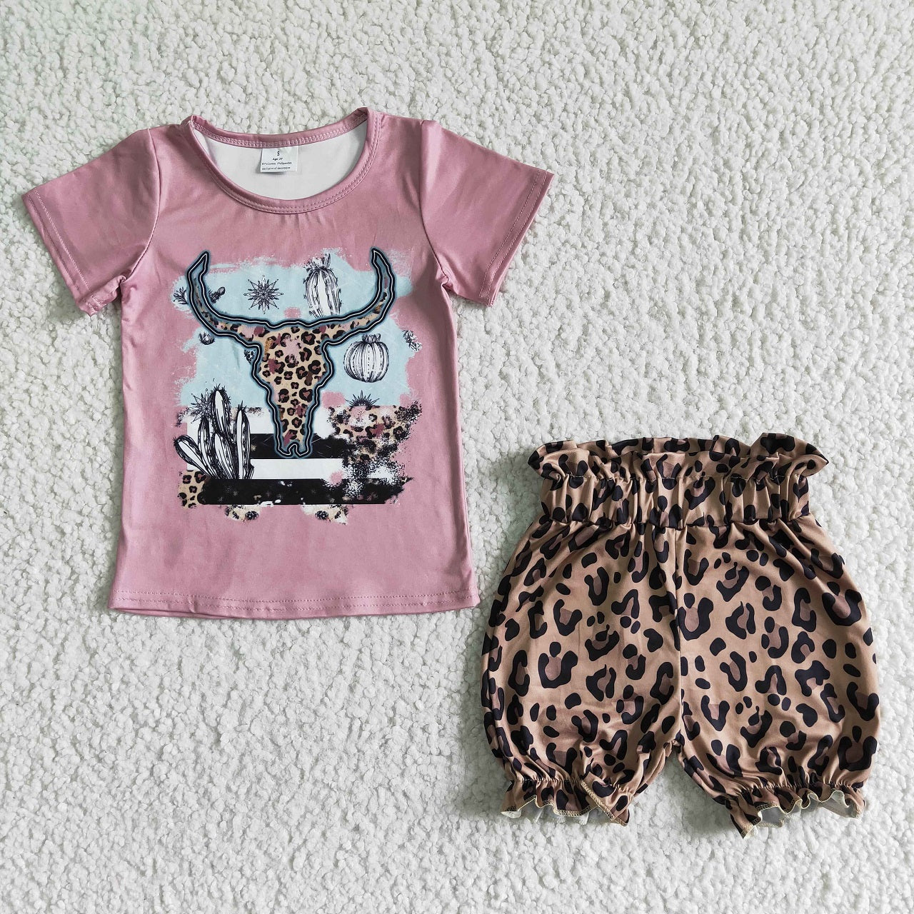 Promotion Baby Girl Cow Cactus Shirt Leopard Shorts Outfit