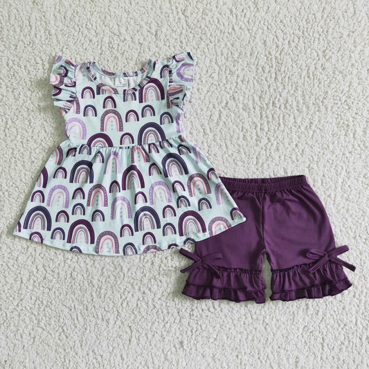 Promotion Baby Girl Short Sleeves Rainbow Tops Purple Shorts Set