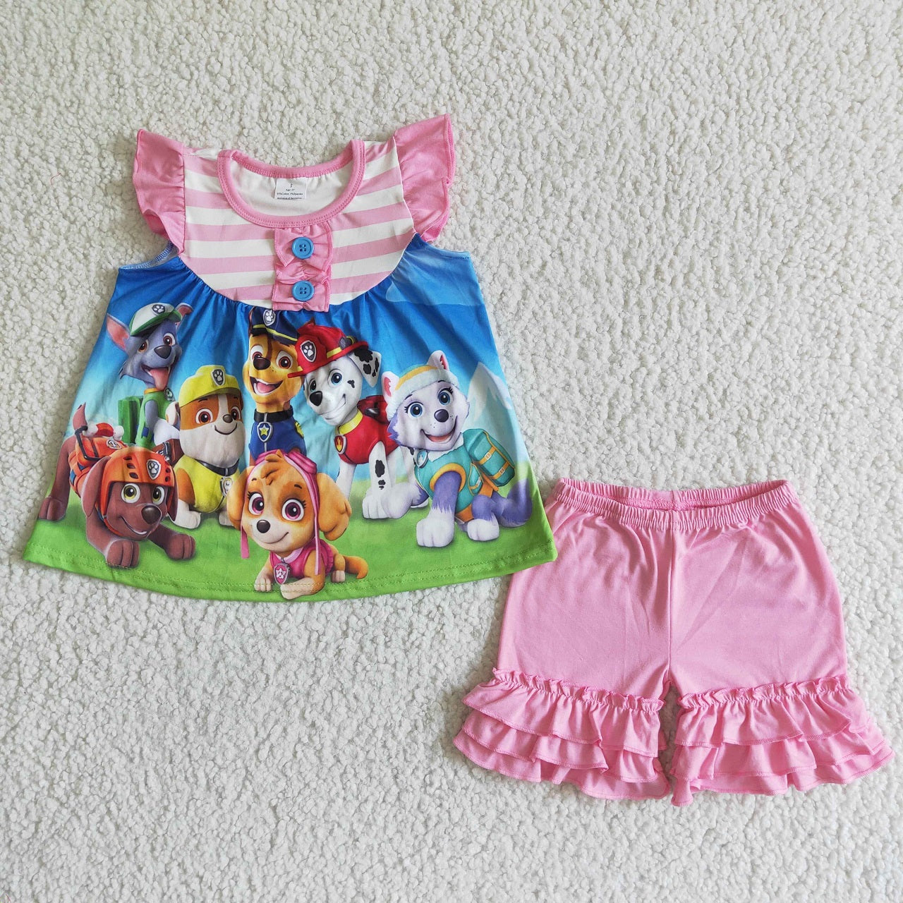 Promotion Baby Girl Short Sleeves Dogs Tops Pink Ruffle Shorts Set