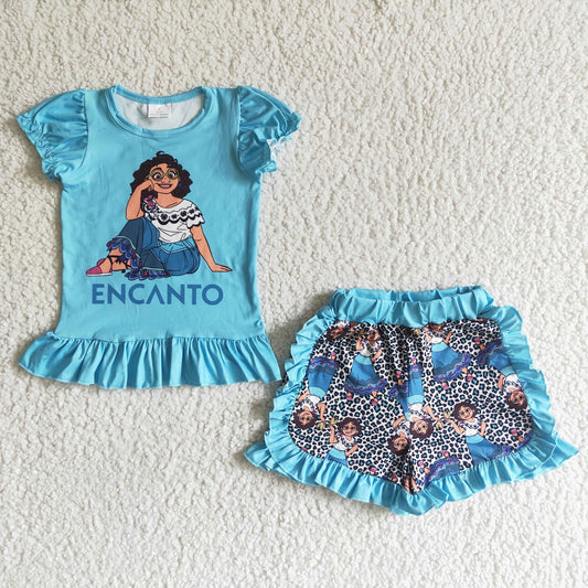 Promotion Baby Girl Summer Blue Cartoon Shorts Outfit