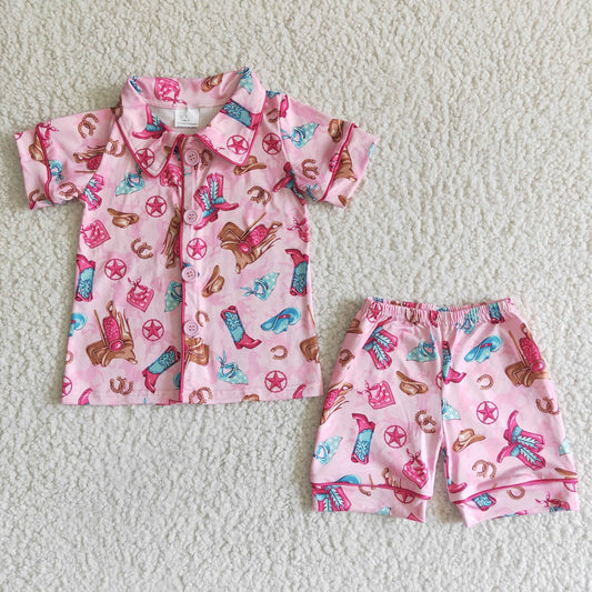 Promotion Baby Girl Western Boots Summer Cow Pajamas Shorts Outfit