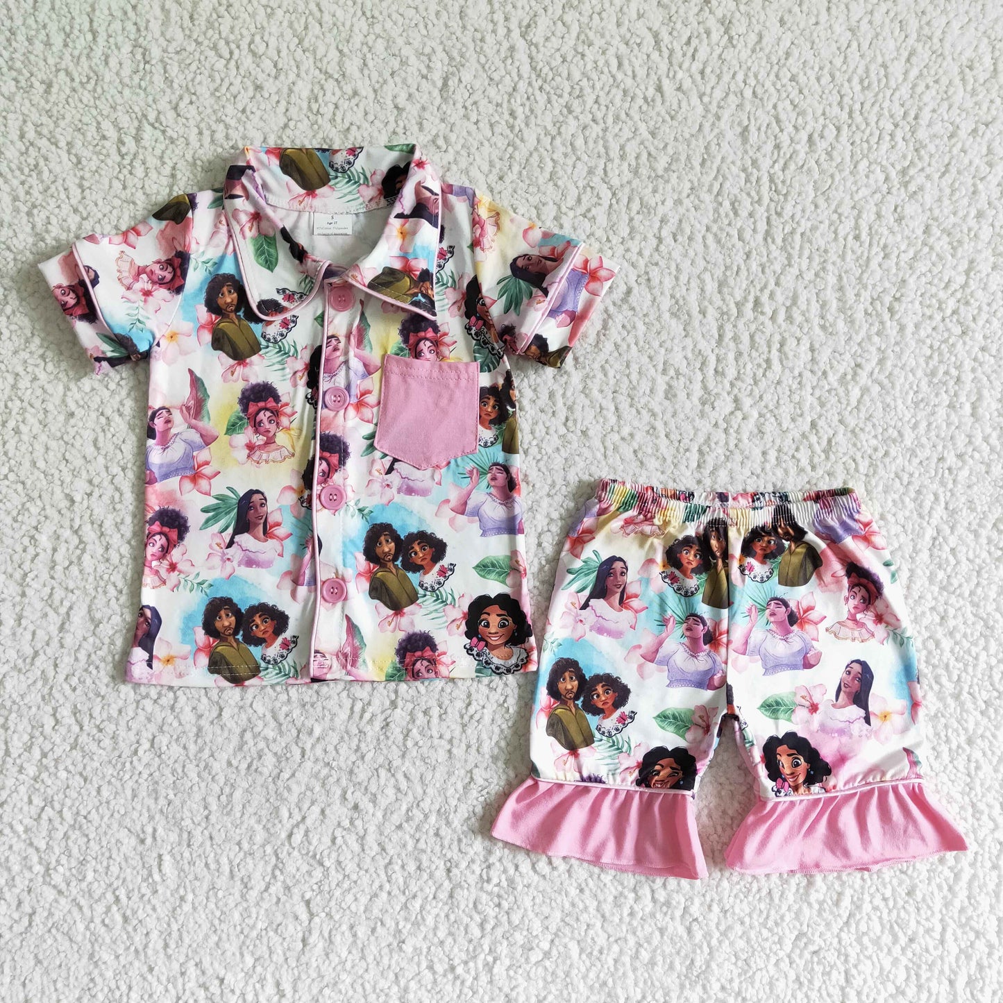 Promotion Baby Girl Pink Cartoon Buttons Pajamas Shorts Outfit