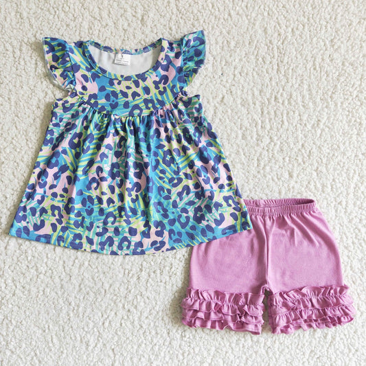 Promotion Baby Girl Short Sleeves Leopard Tops Purple Shorts Set