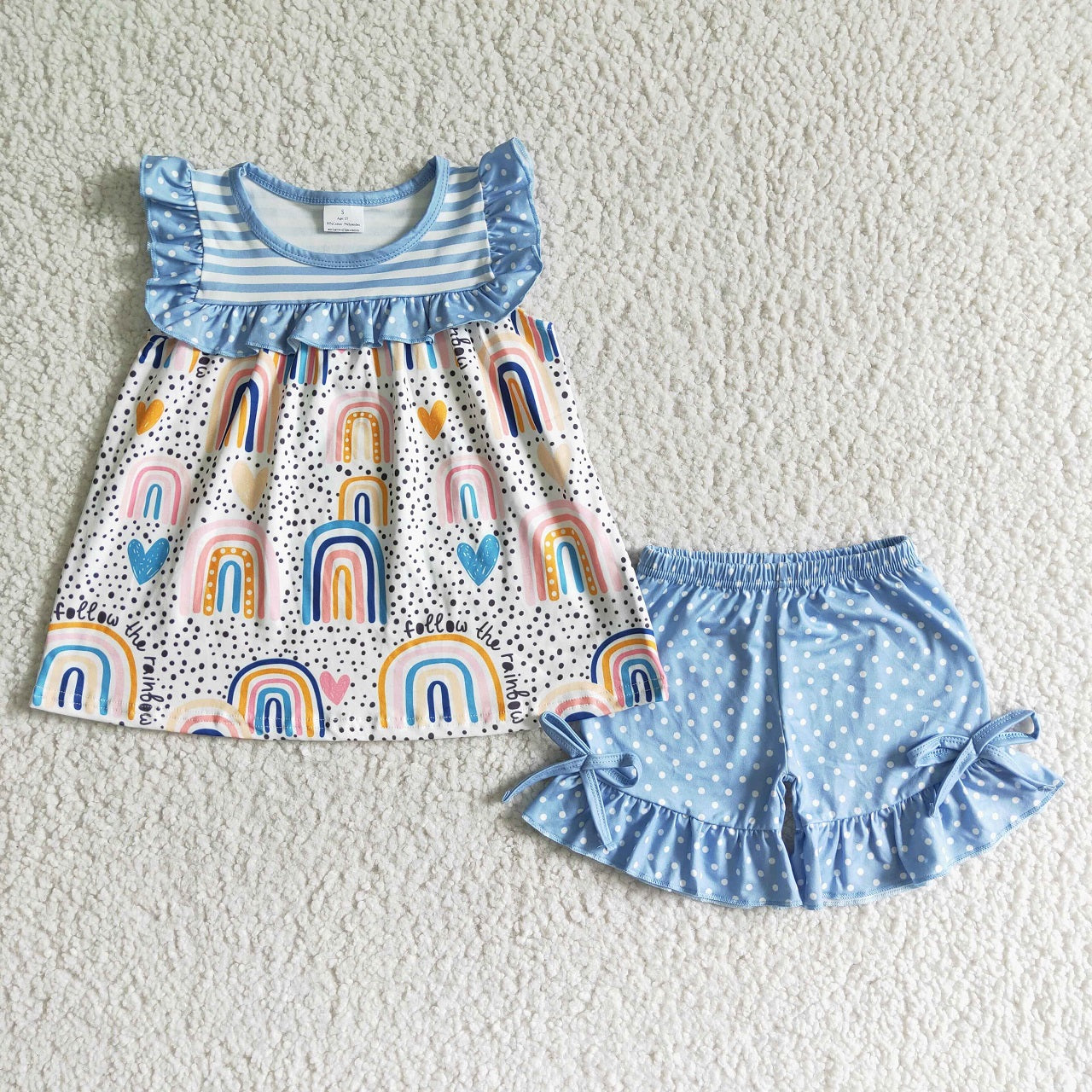 Promotion Baby Girl Summer Rainbow Tops Dots Blue Shorts Outfit