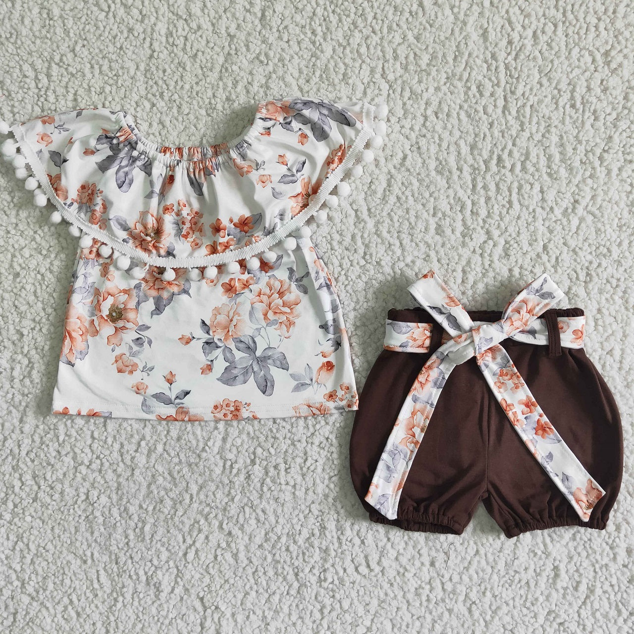 Promotion Baby Girl Summer Flower Brown Belt Shorts Outfit