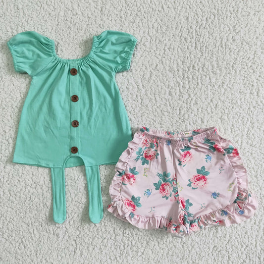 Promotion Baby Girl Summer Green Floral Shorts Outfit