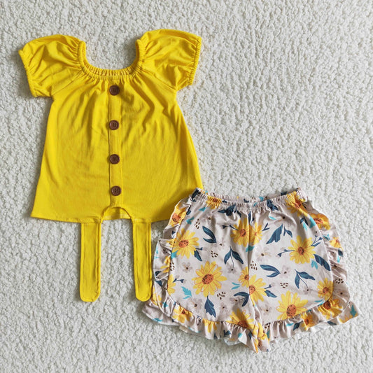 Promotion Baby Girl Summer Yellow Tops Floral Shorts Outfit