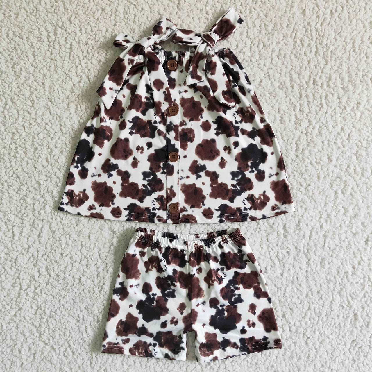 Promotion Baby Girl Sleeveless Brown Cow Print Tops Shorts Set