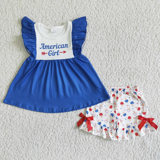 Promotion Baby Girl Short Sleeves Blue Tops Shorts July 4th Set