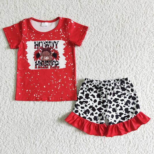 Promotion Baby Girl Western Howdy Heifer Red Tops Shorts Summer Set