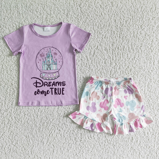 Promotion Baby Girl Short Sleeves Purple Shirt Shorts Cartoon Set