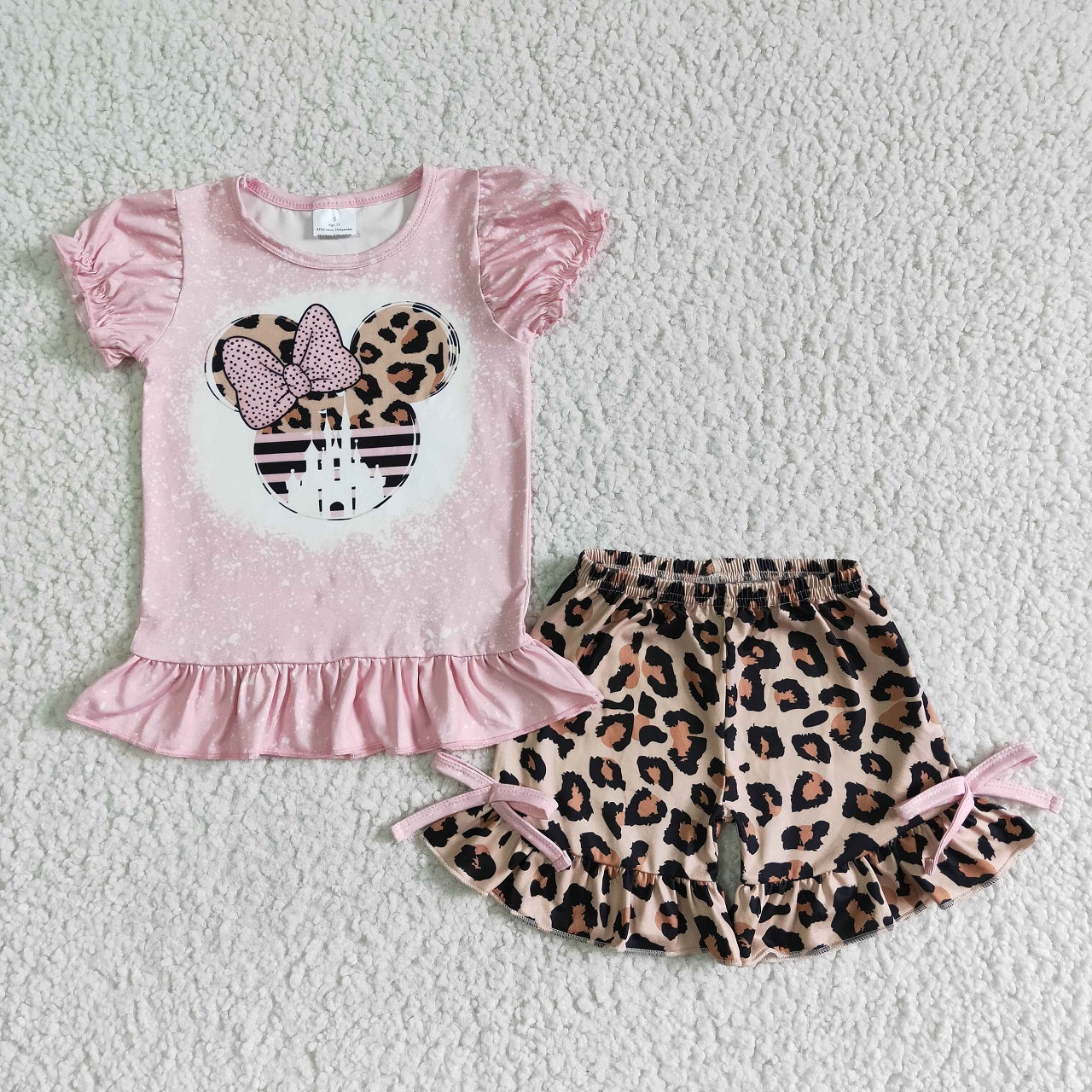 Promotion Baby Girl Summer Pink Shirt Leopard Shorts Mouse Set