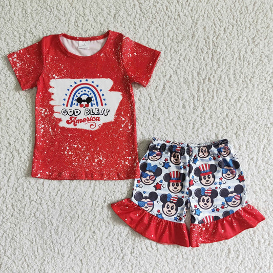 Promotion July 4th Baby Girl Red Short Sleeves Shirt Mouse Shorts Set