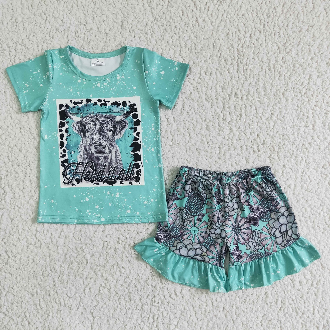 Promotion Baby Girl Summer Green Shirt Shorts Western Cow Set