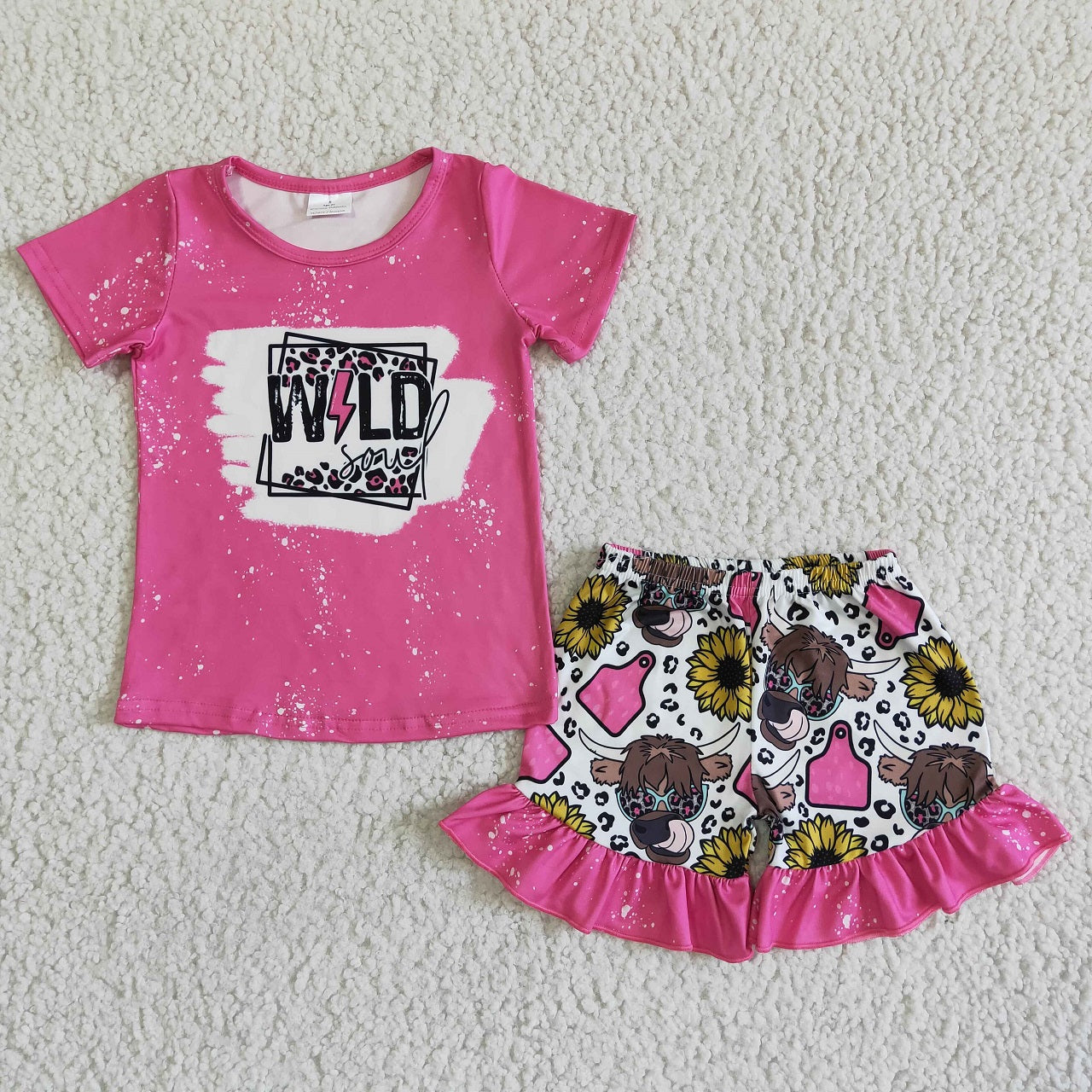 Promotion Baby Girl Wild Pink Shirt Cow Sunflower Shorts Western Set