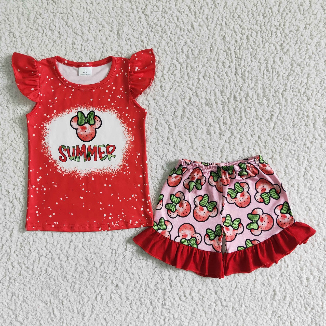 Promotion Baby Girl Red Shirt Cartoon Strawberry Shorts Set