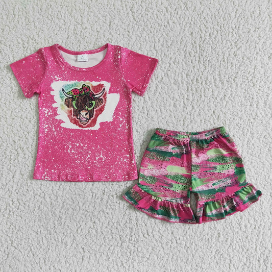 Promotion Baby Girl Pink Short Sleeves Cow Shirt Shorts Set