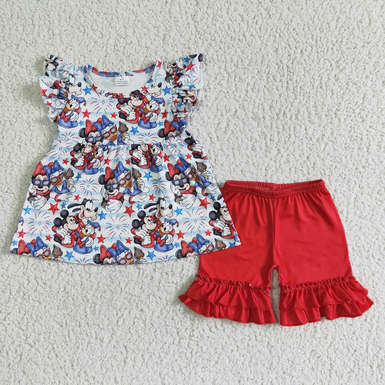 Promotion July 4th Baby Girl Cartoon Tops Red Cotton Shorts Set