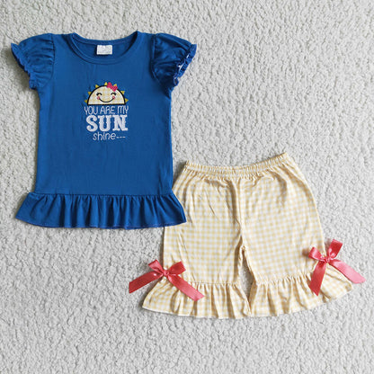Baby Boy Girl Embroidery Sun Sibling Blue Romper Clothes Set RTS