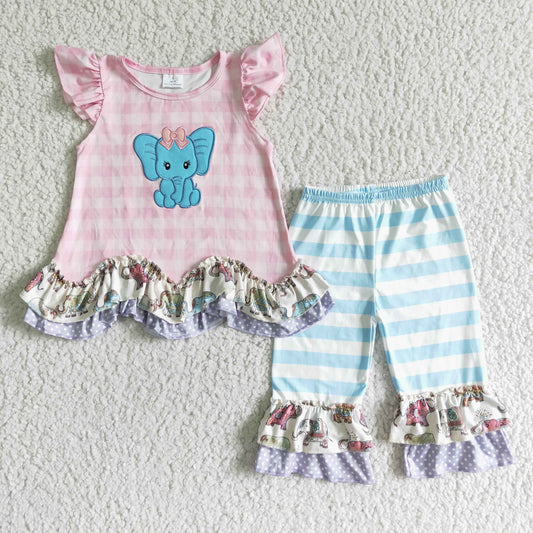 Promotion Baby Girl Elephant Checked Tunic Stripes Pants Set