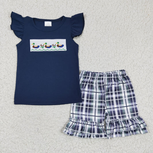 Promotion Baby Girl Embroidery Duck Cotton Shirt Plaid Shorts Summer Outfit RTS