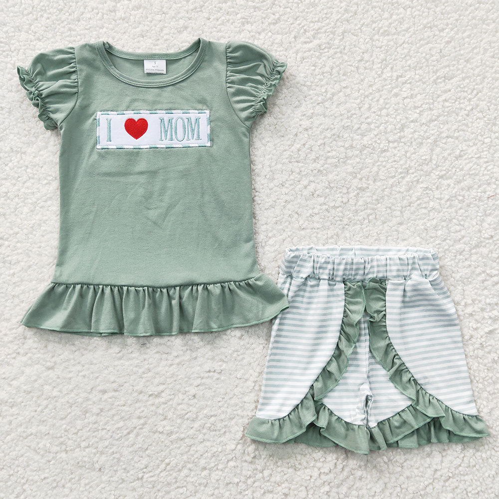 Baby Boy Girl Embroidery I Love Mom Green Sibling Romper Dress Clothes Set