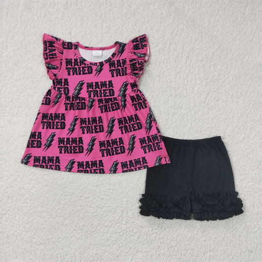 Promotion Baby Girl Mama Tried Tunic Ruffle Black Shorts Summer Outfit