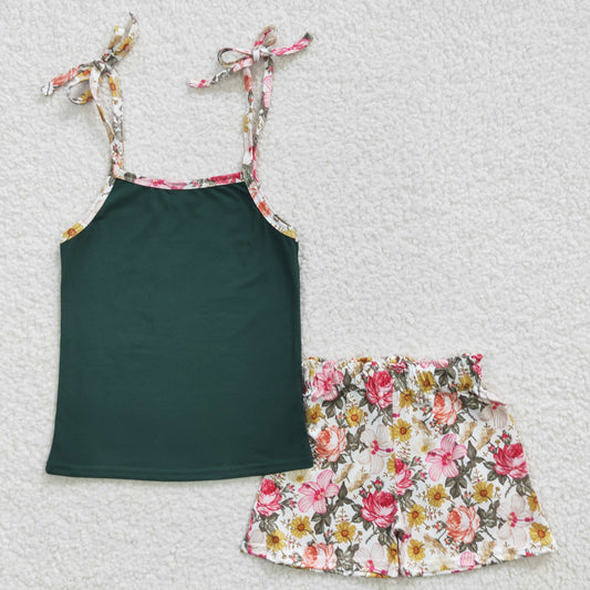 Promotion Baby Girls Kids Straps Green Tops Floral Shorts Summer Outfit RTS