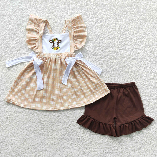 Promotion Baby Girl Short Sleeves Embroidery Western Flower Cow Bows Tunic Shorts Set RTS