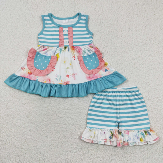 Promotion Baby Girl Short Sleeves Floral Pockets Tunic Blue Stripes Shorts Summer Outfit RTS