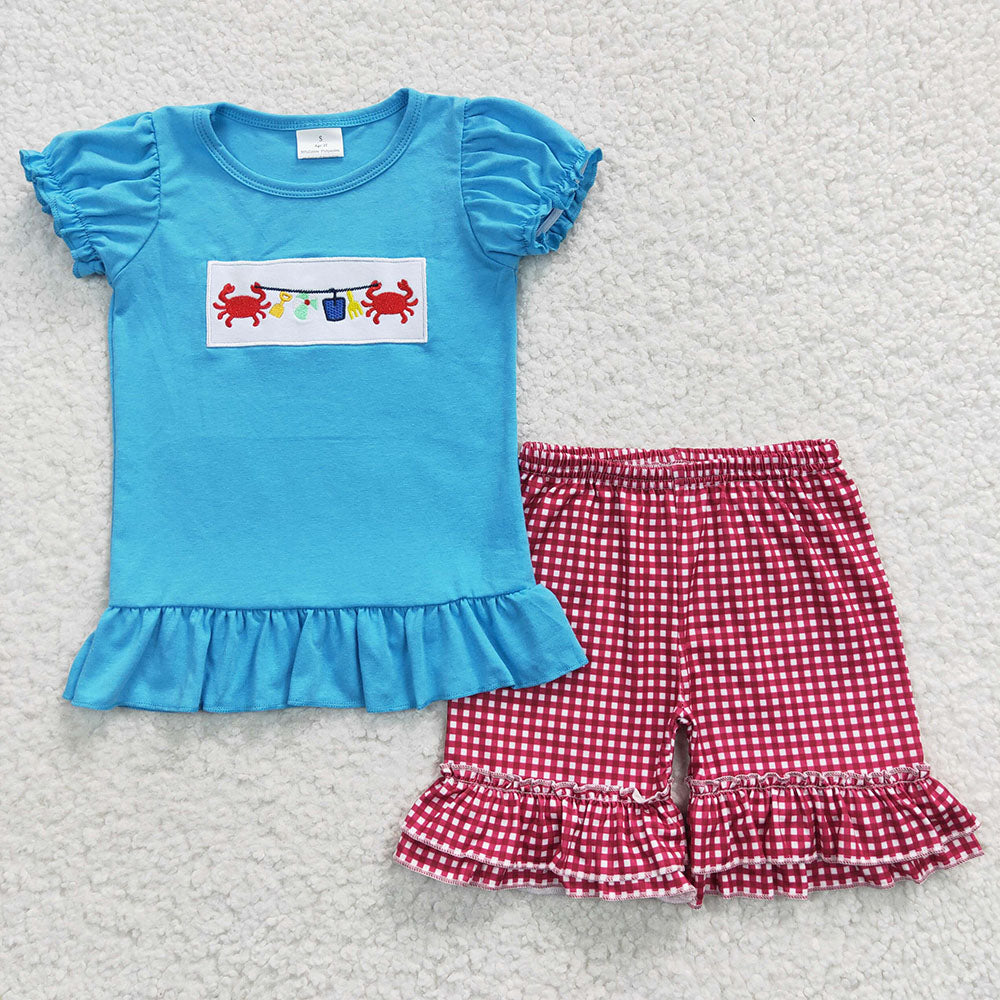 Sibling Boy Girl Short Sleeves Embroidery Crabs Shirt Plaid Shorts Sibling Set RTS