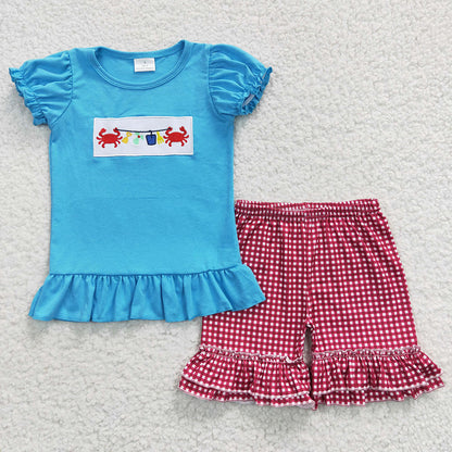 Sibling Boy Girl Short Sleeves Embroidery Crabs Shirt Plaid Shorts Sibling Set RTS
