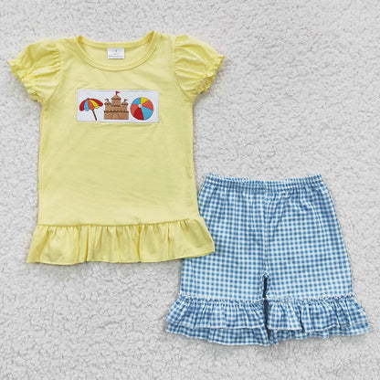 Sibling Boy Girl Short Sleeves Embroidery Beach Yellow Shirt Plaid Shorts Sibling Set RTS
