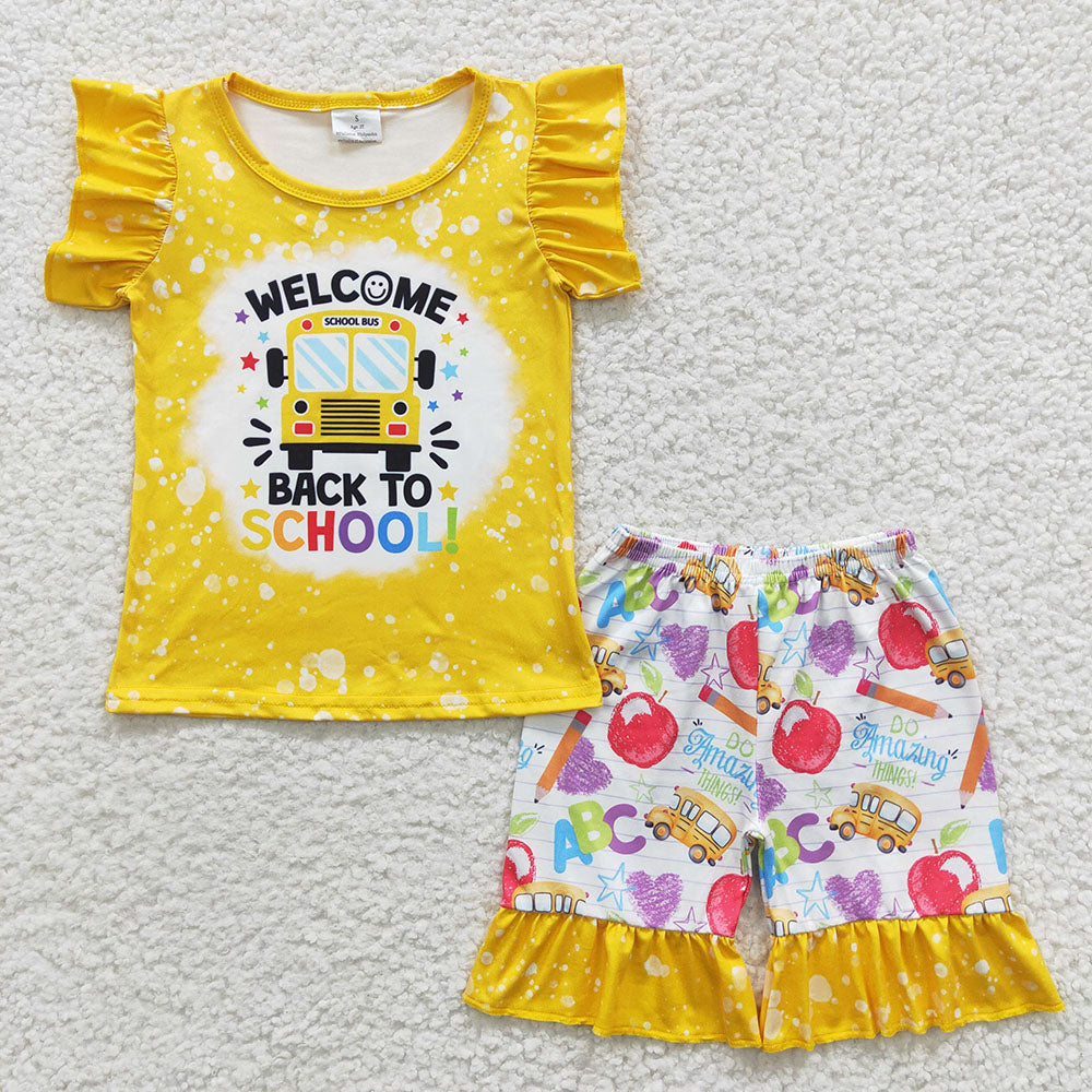 Baby Boy Girl Short Sleeves Bus Sibling Back To School Shorts Yellow Set RTS