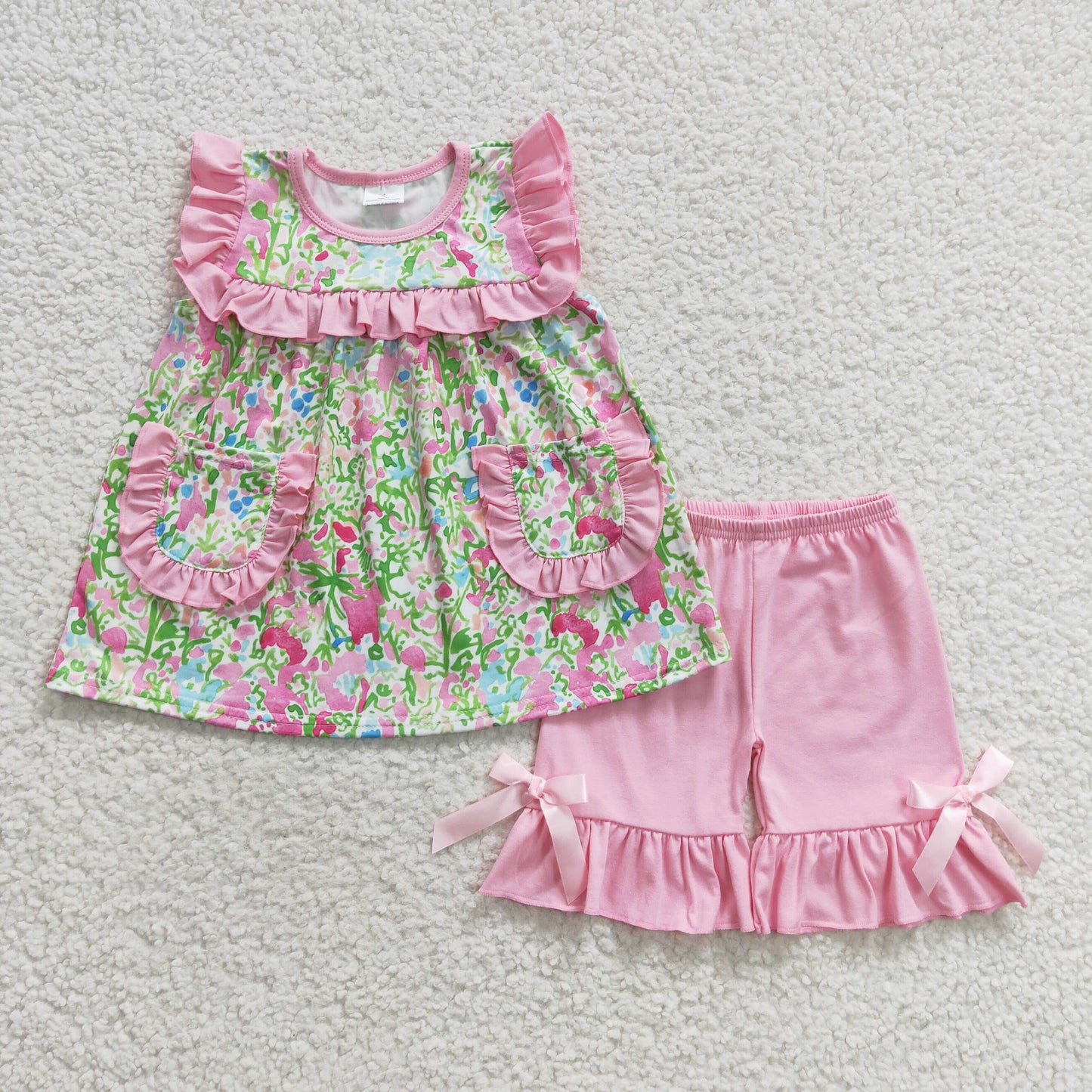 Baby Girl Sleeveless Flower Pockets Tunic Ruffle Shorts Set Sibling Clothes RTS