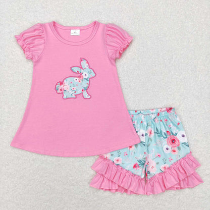 Baby Girl Easter Floral Embroidery Rabbit Sibling Pink Romper Clothes Set RTS