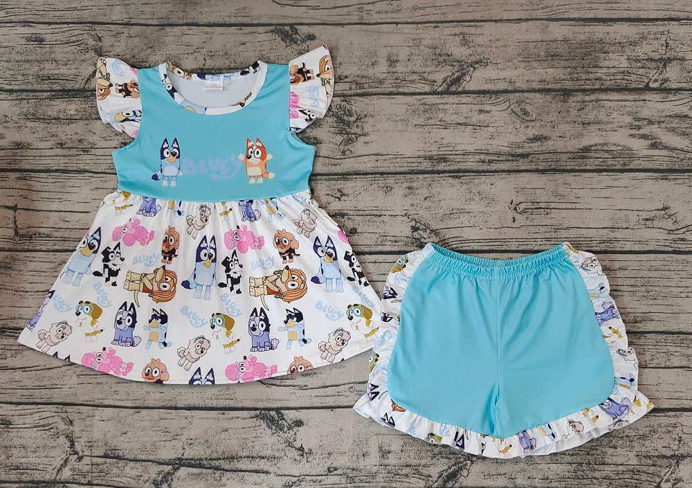 Pre-order Baby Girl Short Sleeves Dogs Tunic Blue Shorts Set