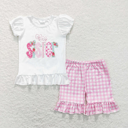 Baby Girl Short Sleeves Little Big Sister Shirt Ruffle Plaid Shorts Sibling Clothes Set RTS