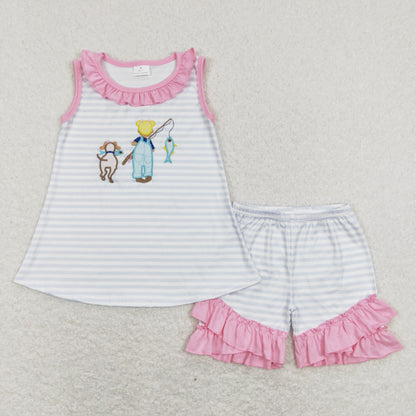 Sibling Baby Boys Girls Sleeveless Embroidery Fishing Stripes Rompers Set RTS