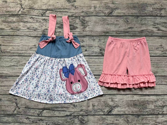 Pre-order Baby Girl Sleeveless Floral Pig Tops Pink Cotton Shorts Set