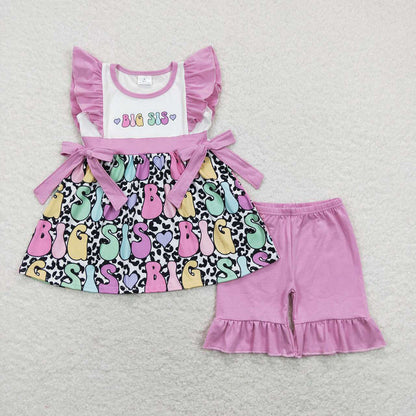 Baby Girl Short Sleeves Big Little Sister Purple Bows Sibling Romper Clothes Set RTS