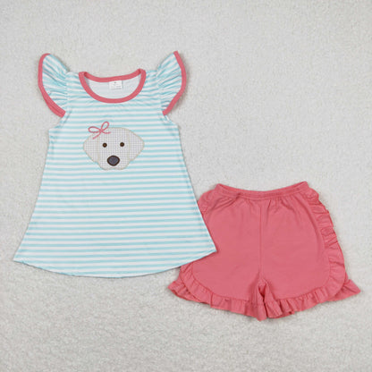 Sibling Baby Girl Short Sleeves Embroidery Bows Dog Stripes Tunic Ruffle Shorts Clothes Set RTS