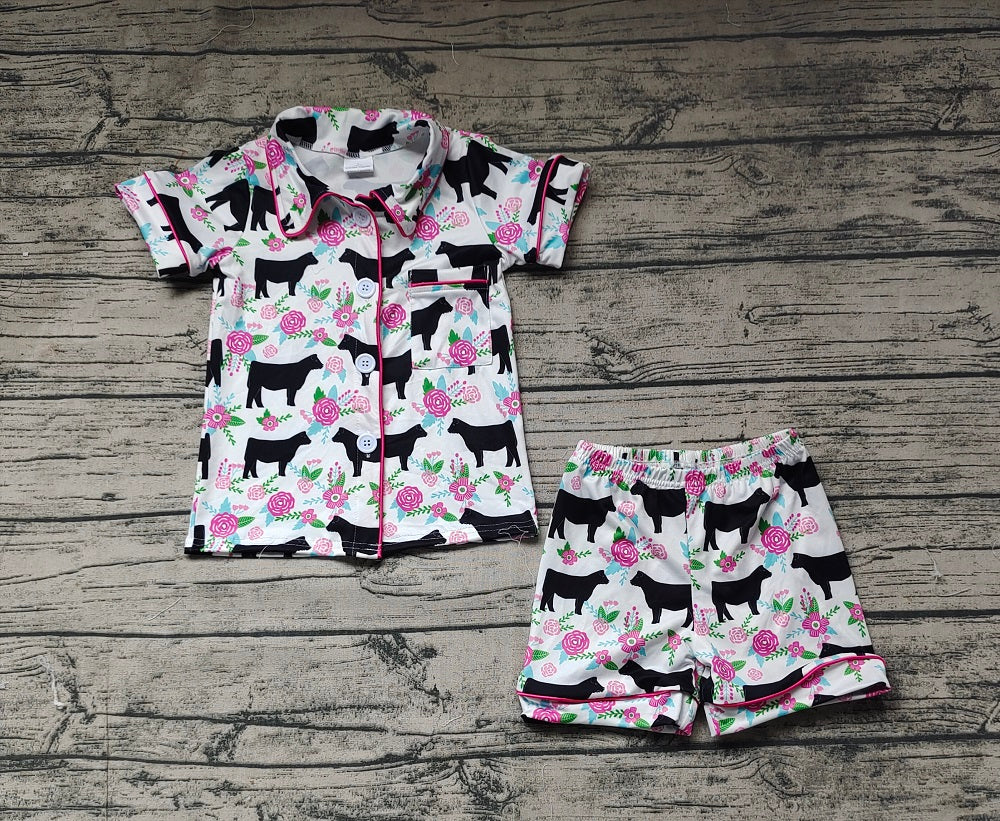 No moq Pre-order Baby Girl Short Sleeves Buttons Shirt Cow Floral Shorts Summer Western Pajamas Set