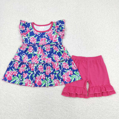 Baby Girl Short Sleeves Flower Tunic Shorts Summer Sibling Clothes Set