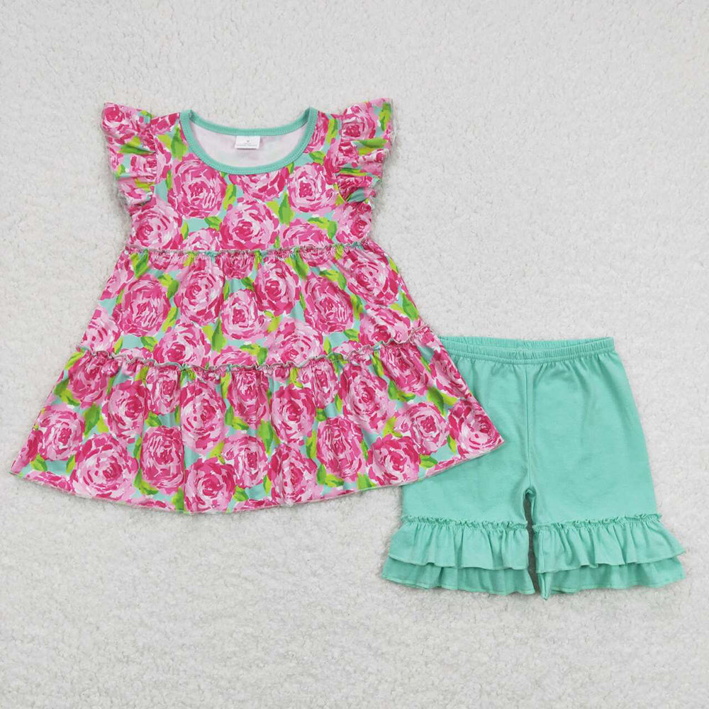 Baby Girl Short Sleeves Flower Tunic Shorts Summer Sibling Clothes Set