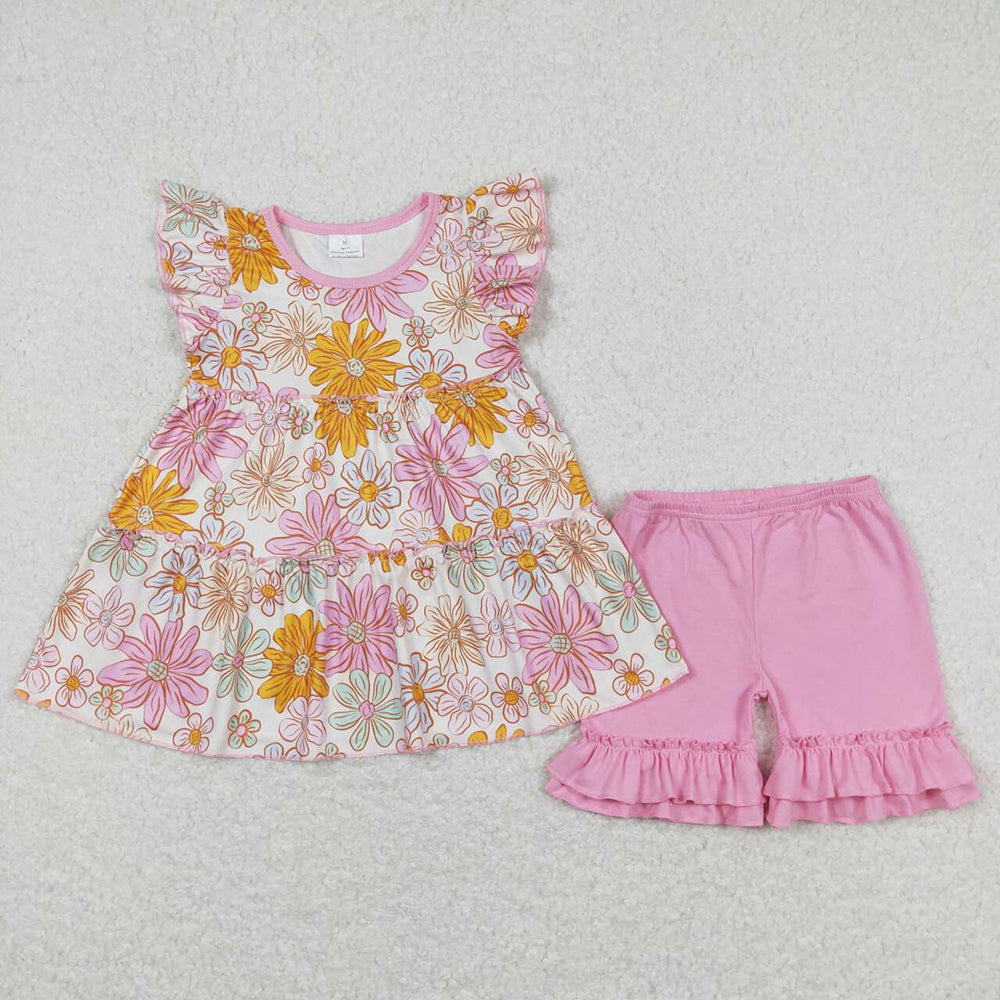 Baby Girl Short Sleeves Flower Tunic Shorts Summer Sibling Clothes Set