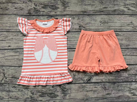 Pre-order Baby Girl Short Sleeves Stripes Baseball Shirt Orange Shorts Set