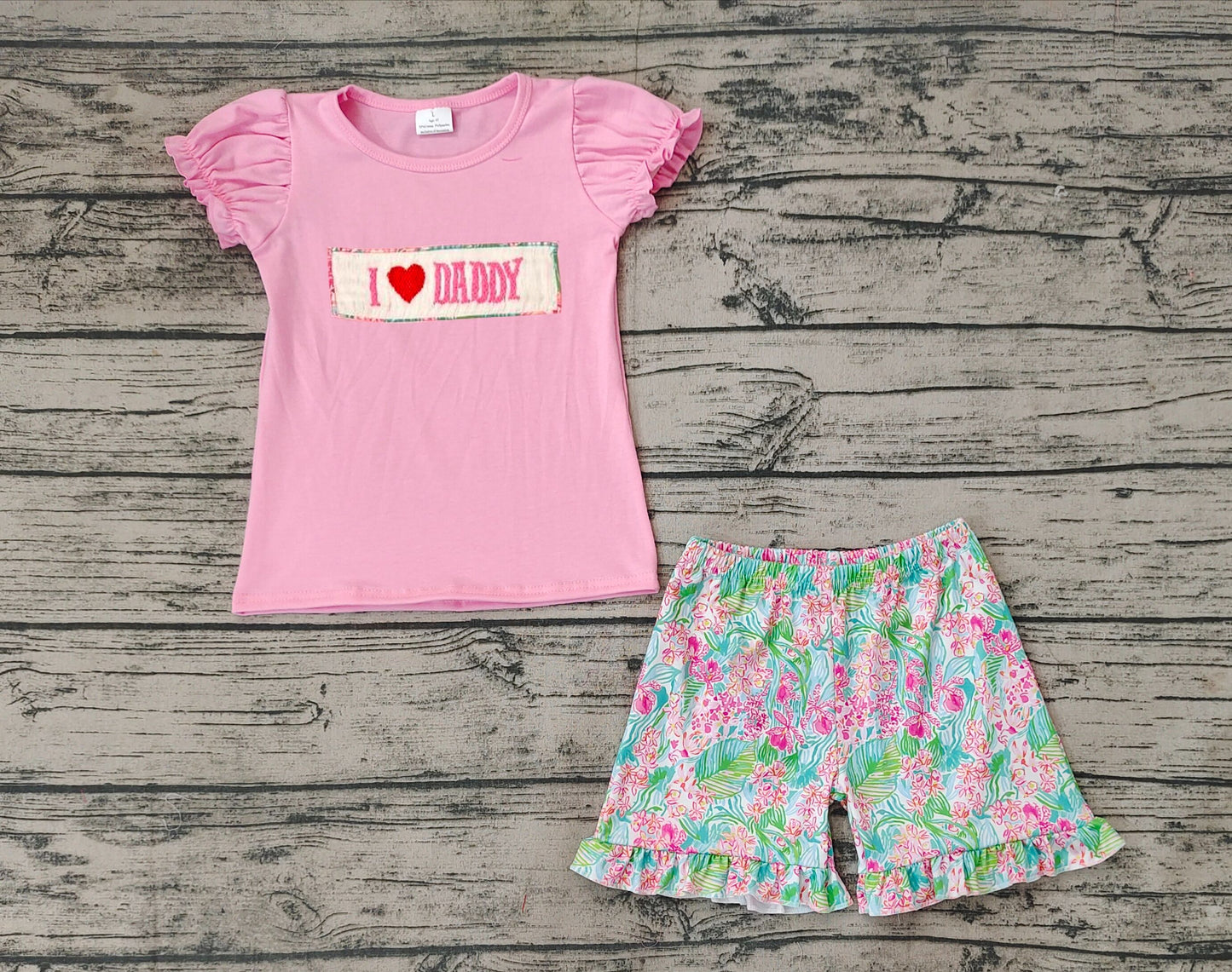 No Moq Pre-order Baby Girls Short Sleeves I Love Daddy Pink Shirt Floral Shorts Summer Set