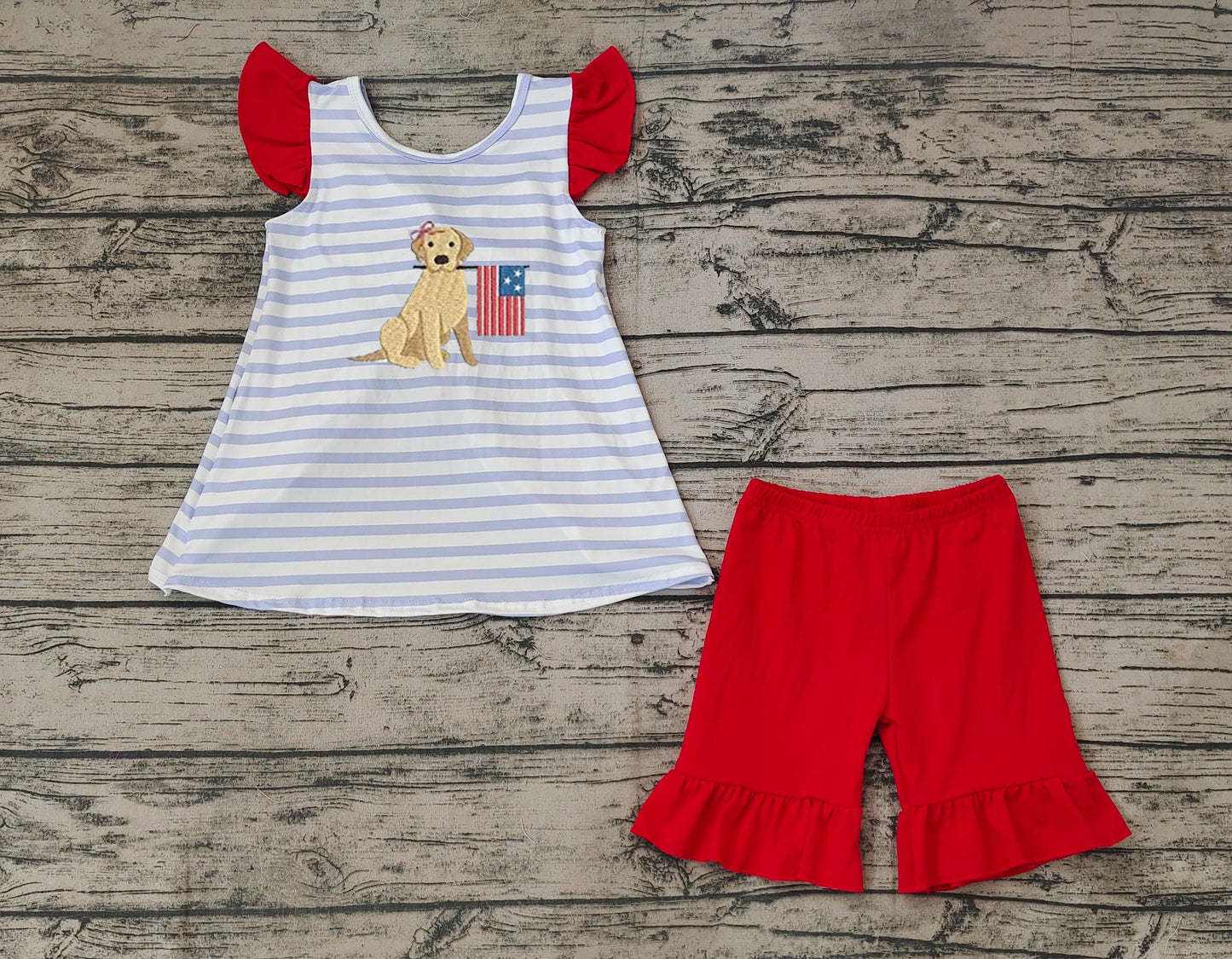 No moq Pre-order Baby Girl Flag Dog Open Back Stripes Tops Red Shorts Set