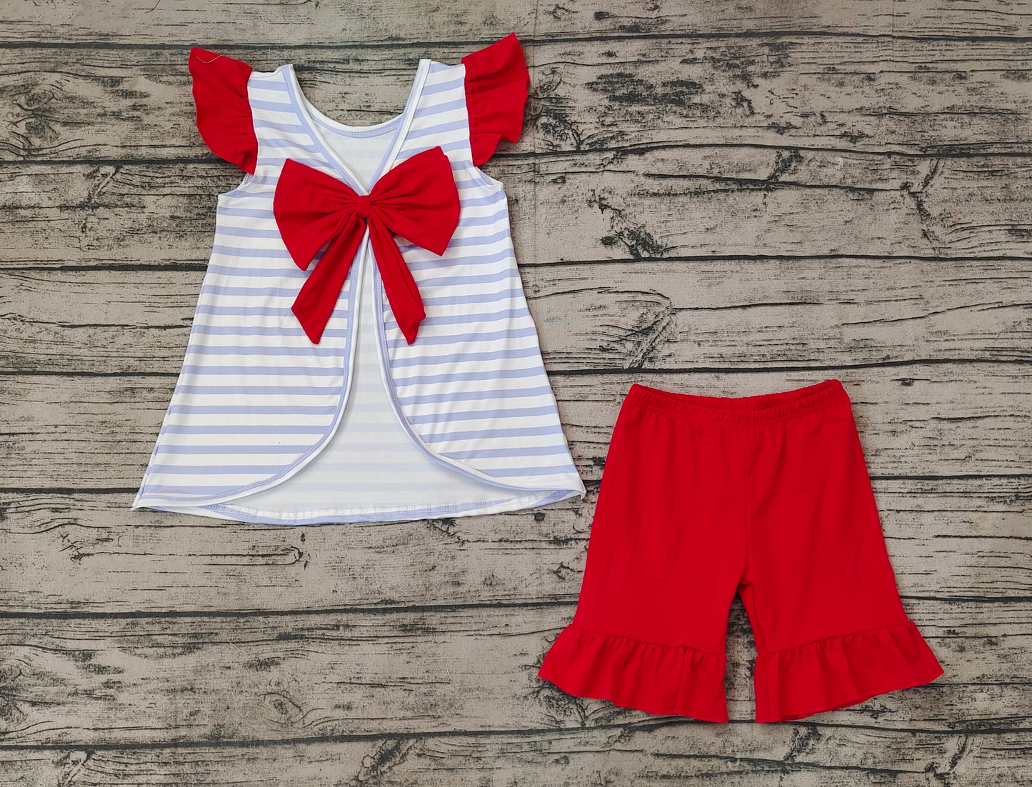 No moq Pre-order Baby Girl Flag Dog Open Back Stripes Tops Red Shorts Set